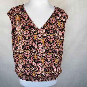 Roan Ryan Blouse Sz S Black Floral VNeck Sleeveless Elastic Waistline
